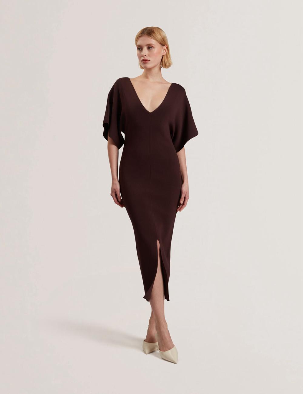 Dk-Brown Ted Baker REBEXXA - Wide Sleeve Knitted Bodycon Women Midi Dresses | Ireland  5821-JIDWX