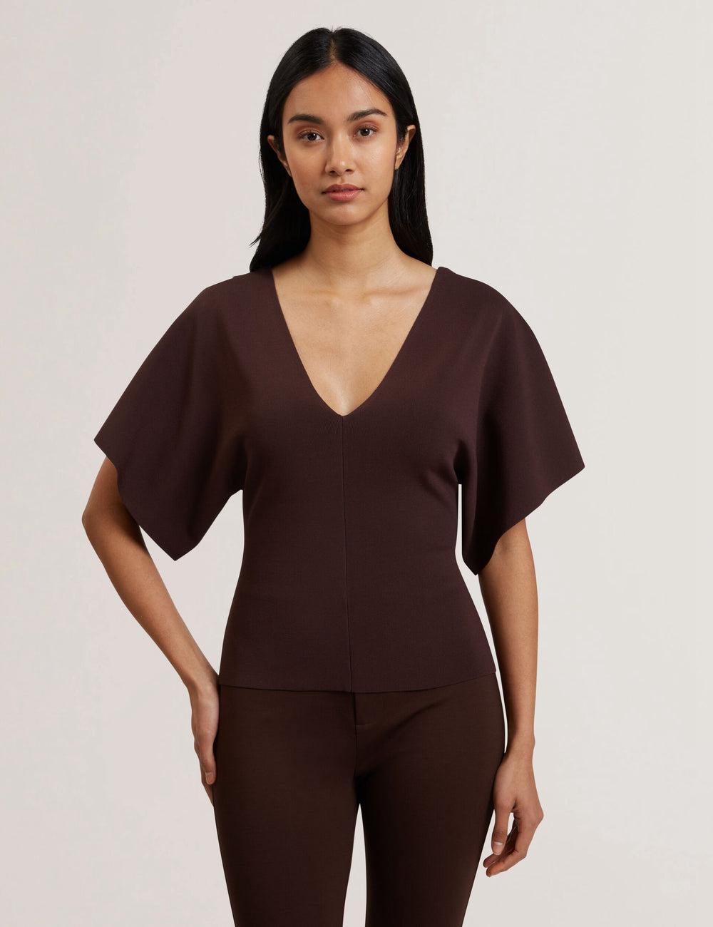 Dk-Brown Ted Baker REGINAH - Wide Short Sleeve V-Neck Knitted Women Tops | Ireland  5674-IFTPK