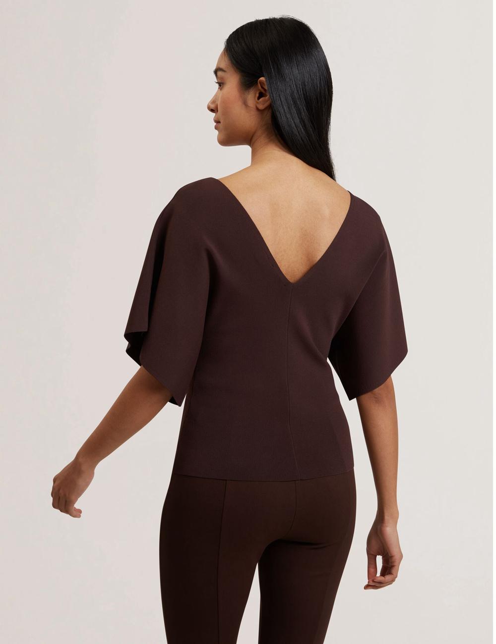 Dk-Brown Ted Baker REGINAH - Wide Short Sleeve V-Neck Knitted Women Tops | Ireland  5674-IFTPK