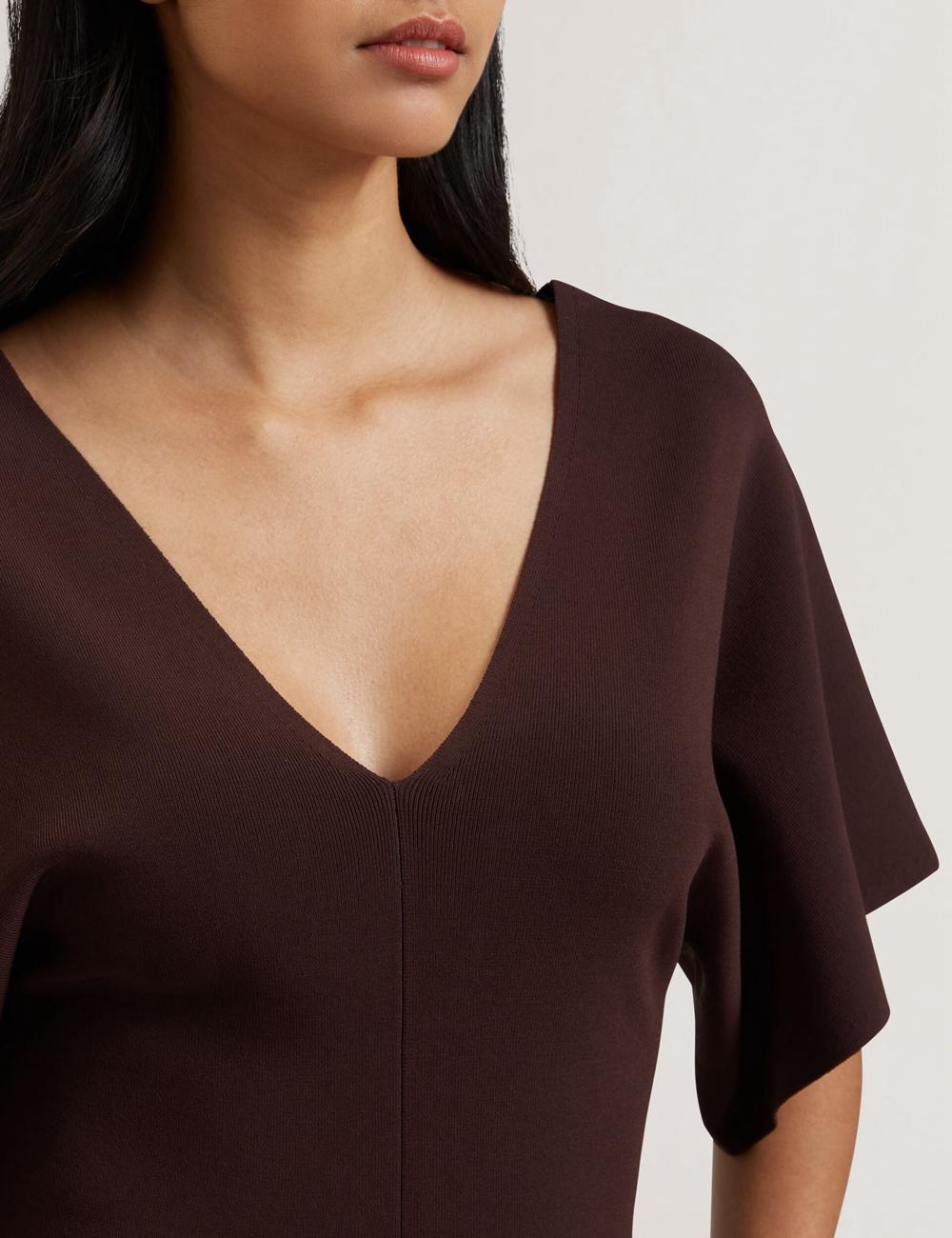 Dk-Brown Ted Baker REGINAH - Wide Short Sleeve V-Neck Knitted Women Tops | Ireland  5674-IFTPK