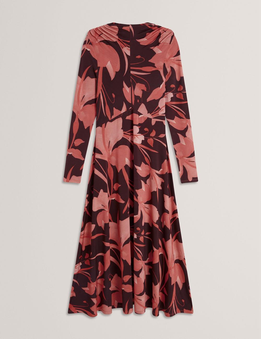 Dk-Brown Ted Baker STARLAH - Slinky Printed Jersey Long Sleeve Women Midi Dresses | Ireland  7218-ITNMR