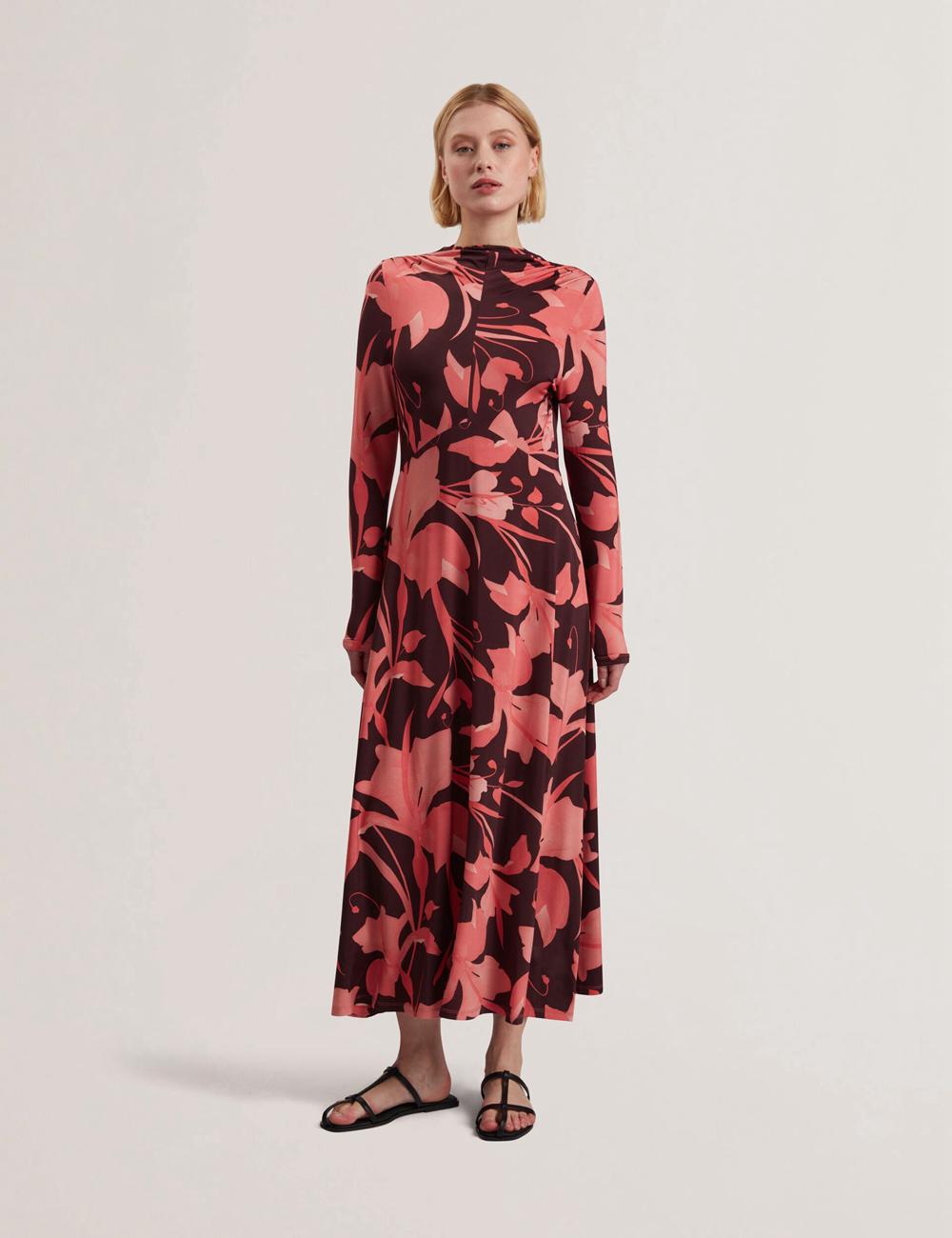 Dk-Brown Ted Baker STARLAH - Slinky Printed Jersey Long Sleeve Women Midi Dresses | Ireland  7218-ITNMR