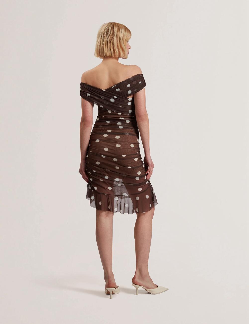 Dk-Brown Ted Baker TILDAHH - Off-Shoulder Polka Dot Mesh Women Mini Dresses | Ireland  1542-WJELR