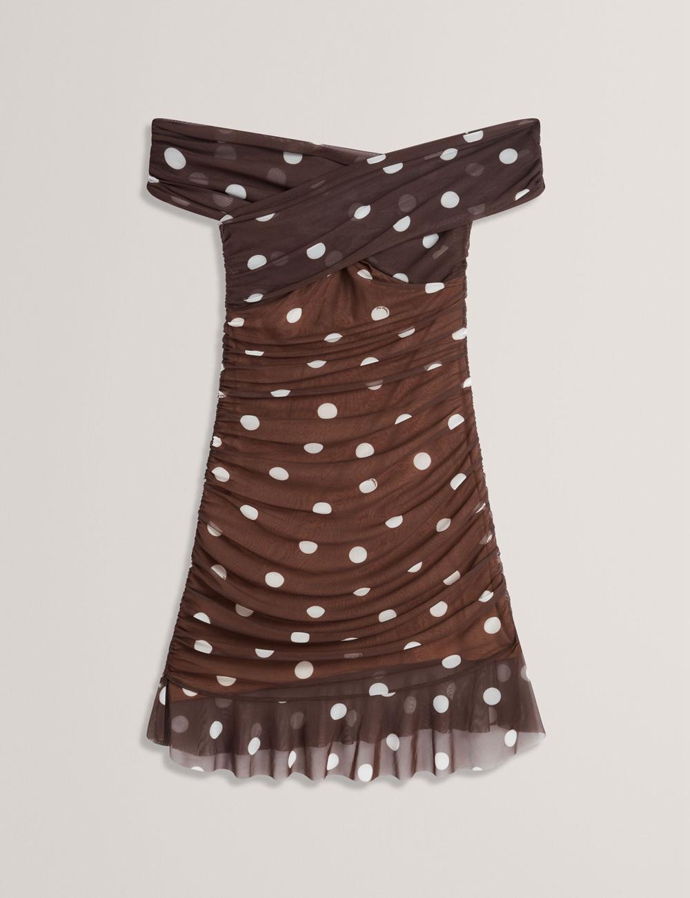 Dk-Brown Ted Baker TILDAHH - Off-Shoulder Polka Dot Mesh Women Mini Dresses | Ireland  1542-WJELR