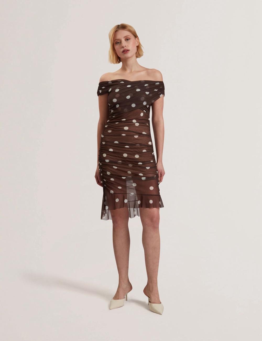Dk-Brown Ted Baker TILDAHH - Off-Shoulder Polka Dot Mesh Women Mini Dresses | Ireland  1542-WJELR