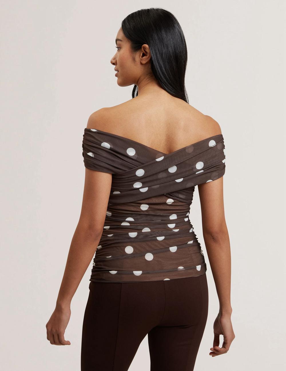Dk-Brown Ted Baker ZAAMO - Off-the-Shoulder Polka Dot Mesh Women Tops | Ireland  9013-ZRCMD