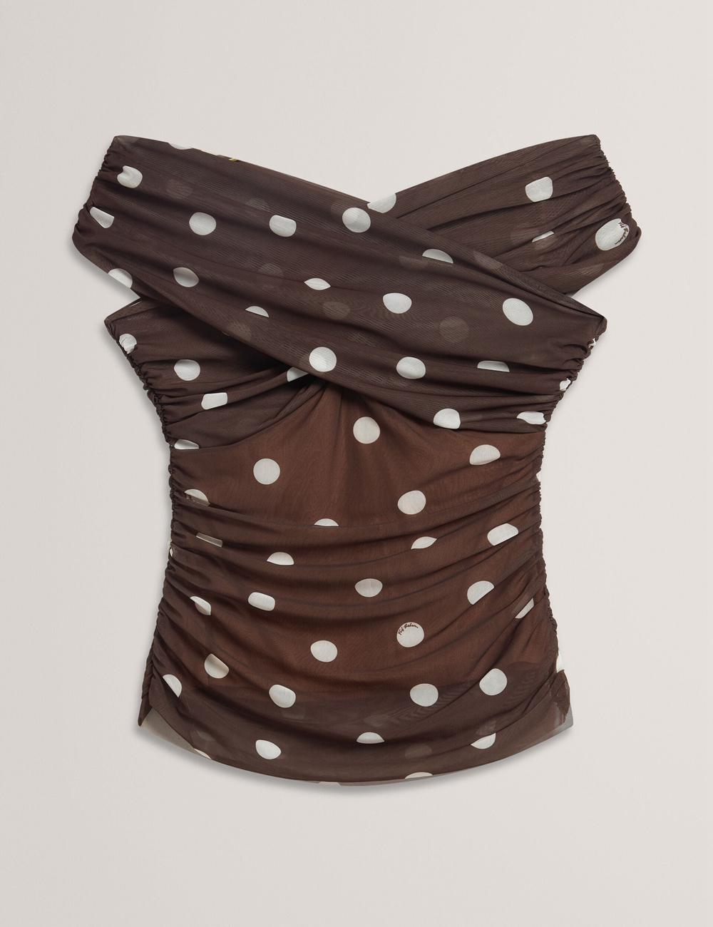 Dk-Brown Ted Baker ZAAMO - Off-the-Shoulder Polka Dot Mesh Women Tops | Ireland  9013-ZRCMD