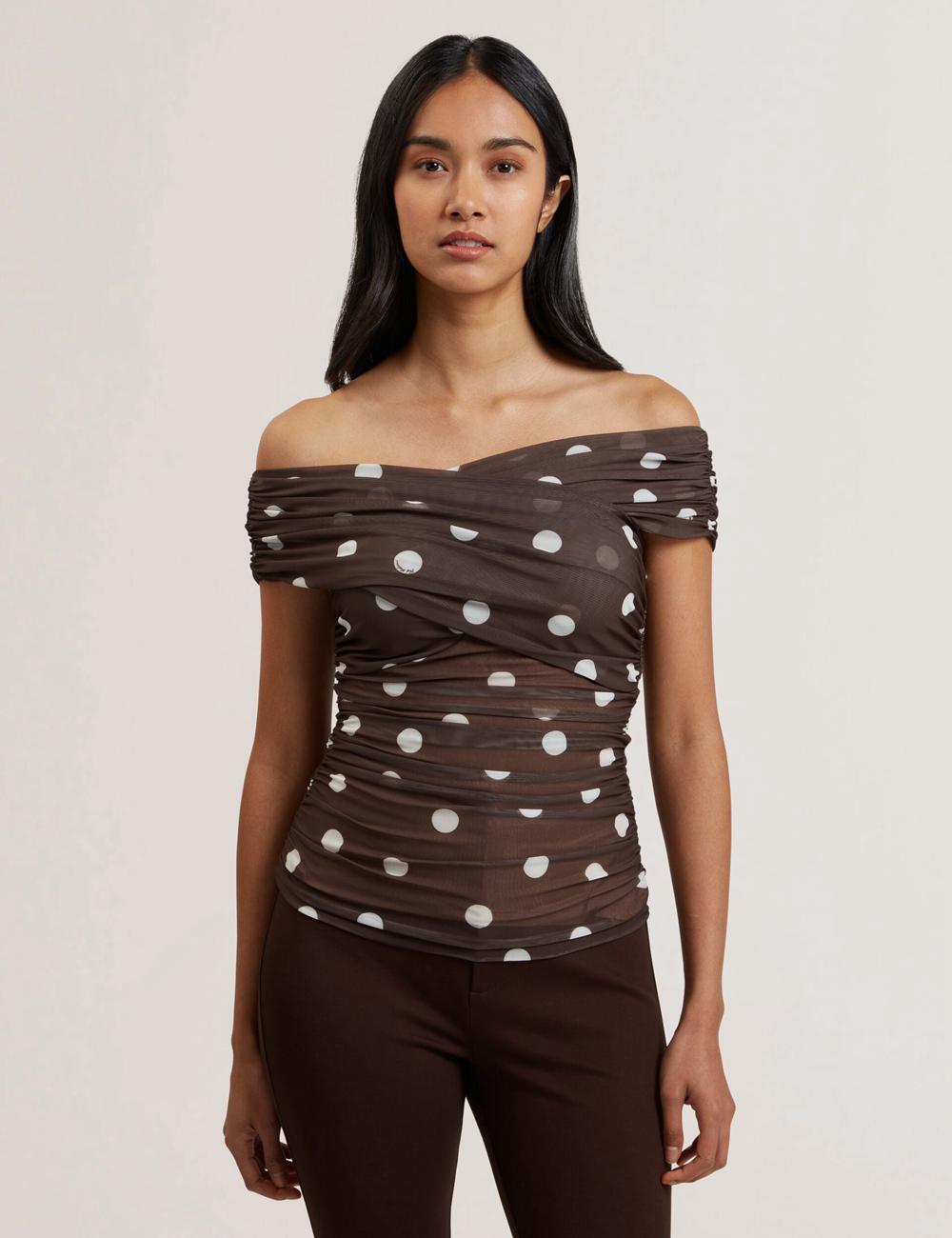 Dk-Brown Ted Baker ZAAMO - Off-the-Shoulder Polka Dot Mesh Women Tops | Ireland  9013-ZRCMD