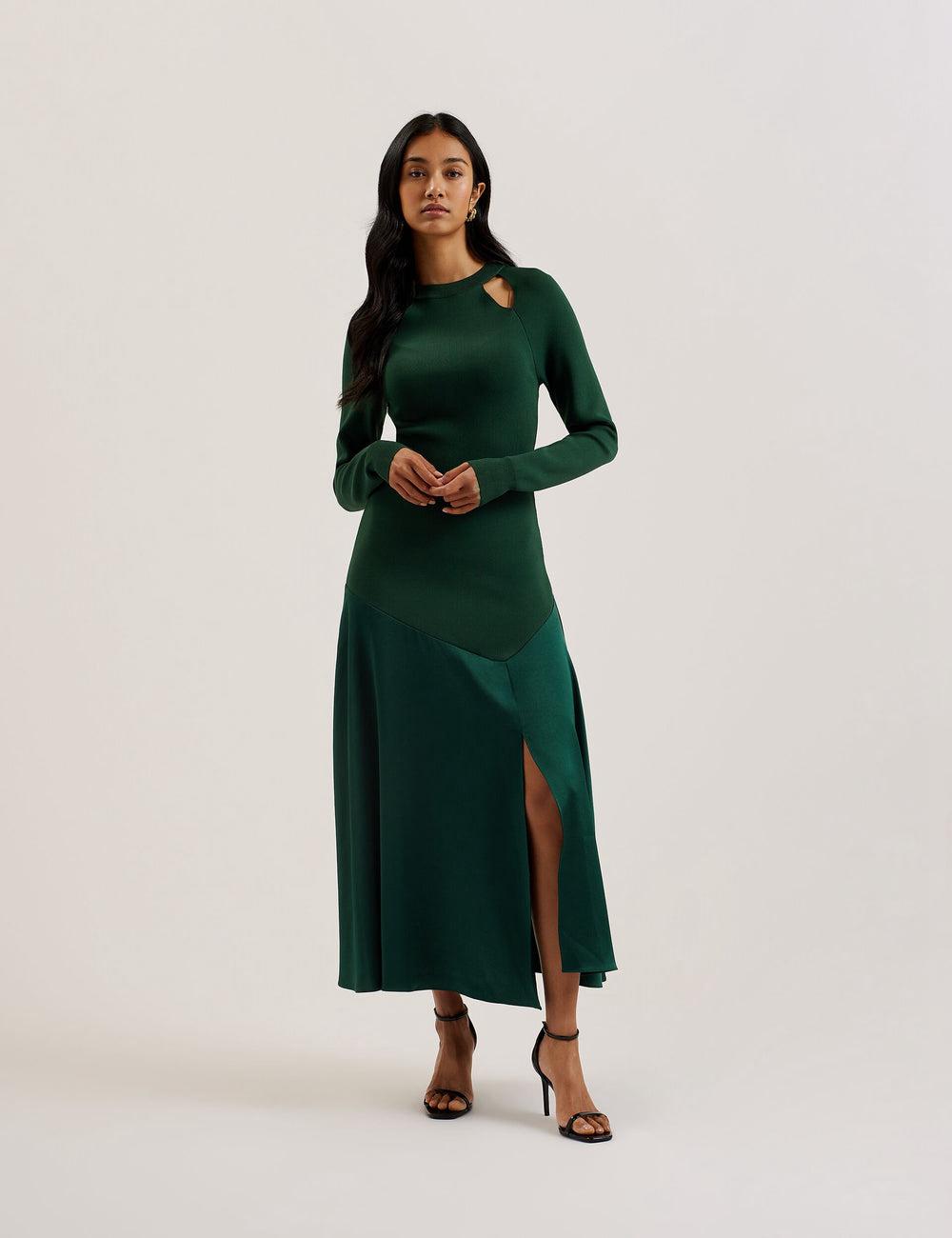 Dk-Green Ted Baker ALFEIOS - Long Sleeve Satin Skirt Women Midi Dresses | Ireland  9748-UNFZS