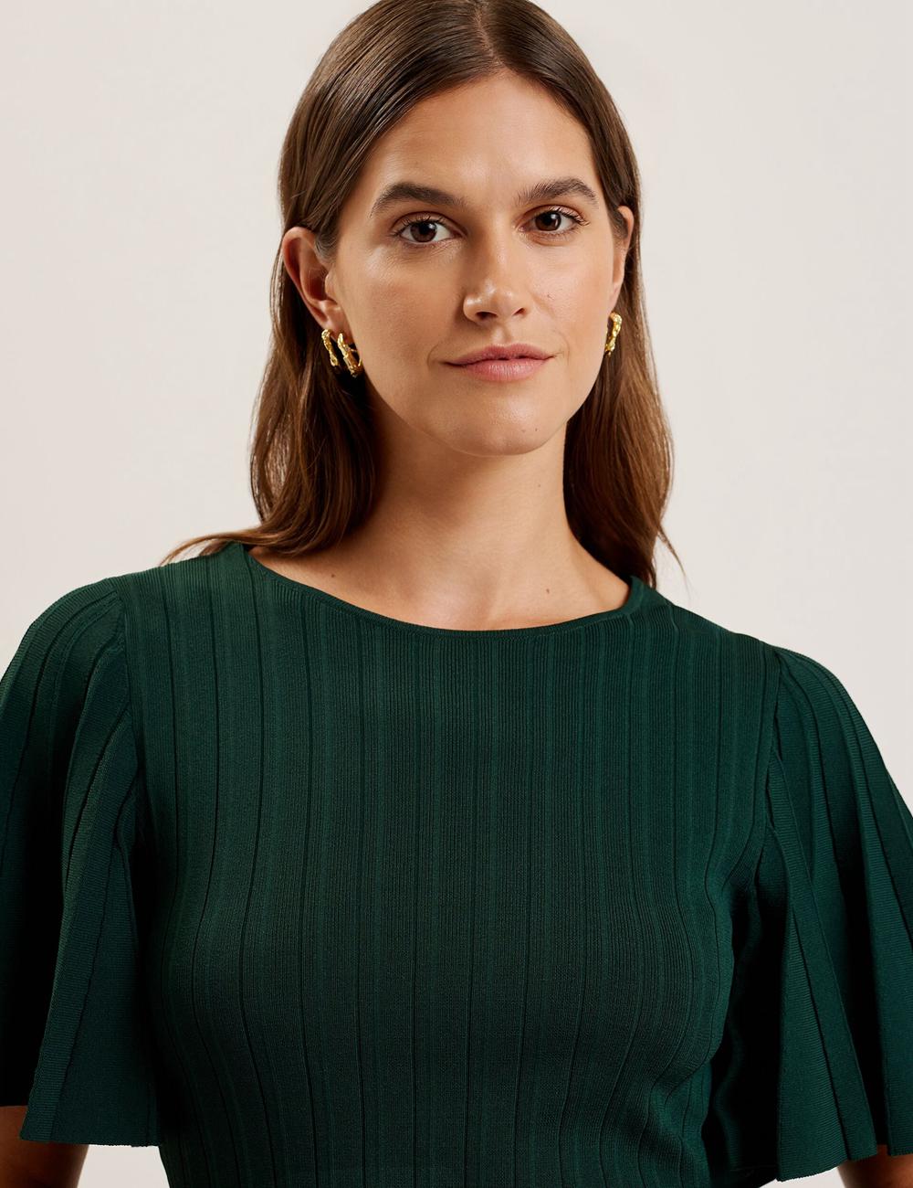 Dk-Green Ted Baker IIVANNA - Ribbed Knit Top With Fluted Short Sleeves Women Jumpers | Ireland  6319-PESTX