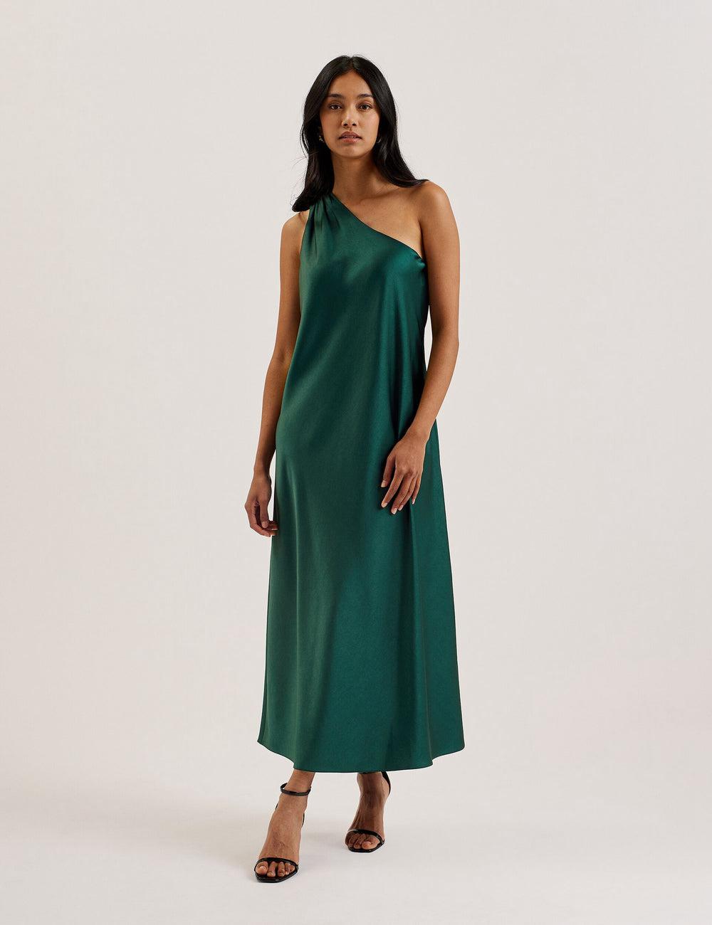 Dk-Green Ted Baker MELGAR - Satin One Shoulder Women Midi Dresses | Ireland  2096-ZIJAD