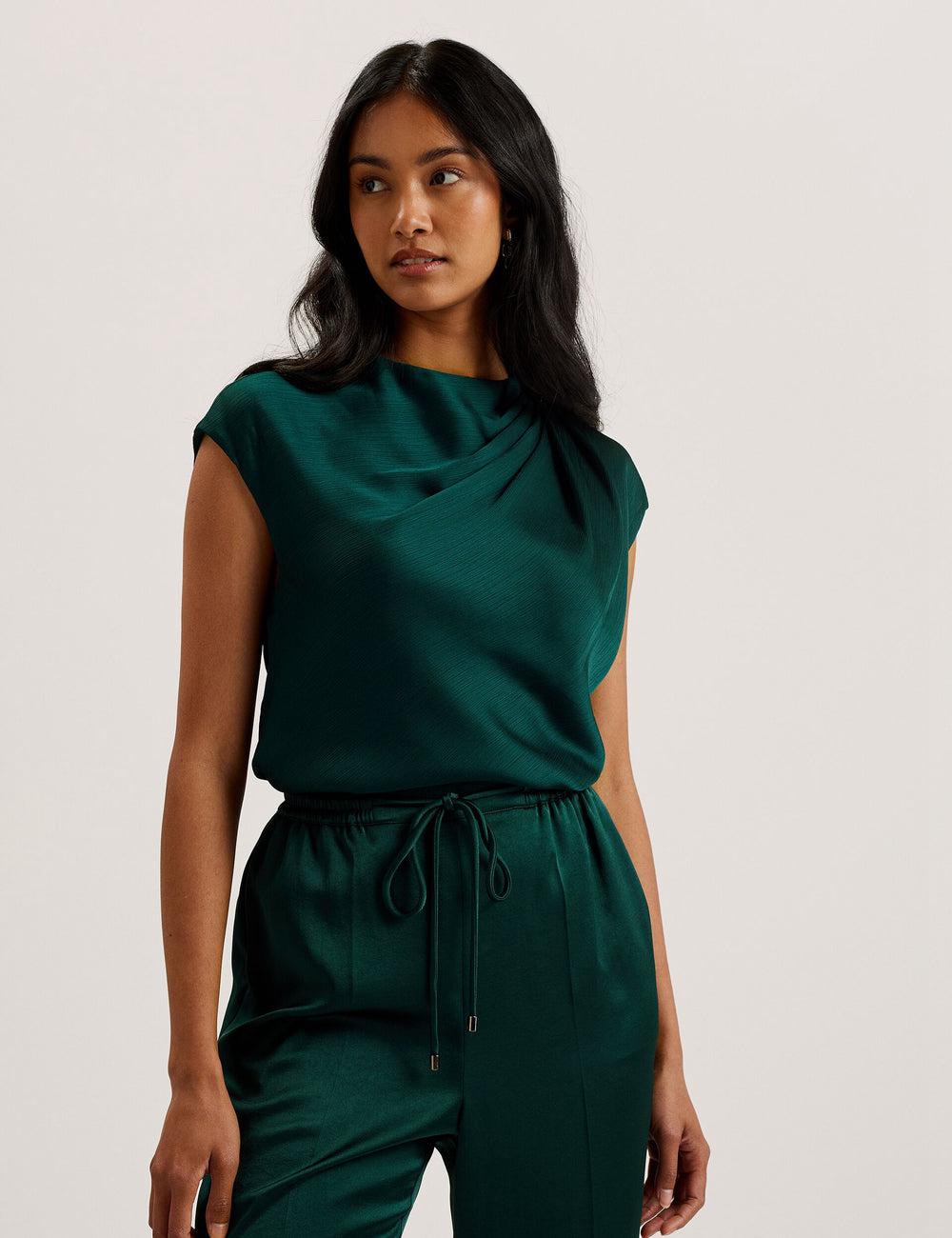 Dk-Green Ted Baker MISRINA - Drape Neck Detail Satin Top Women Jumpers | Ireland  1502-TOAIR