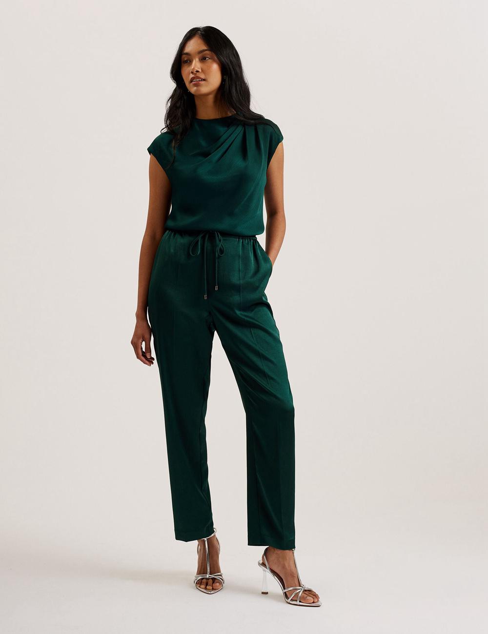Dk-Green Ted Baker MISRINA - Drape Neck Detail Satin Top Women Jumpers | Ireland  1502-TOAIR