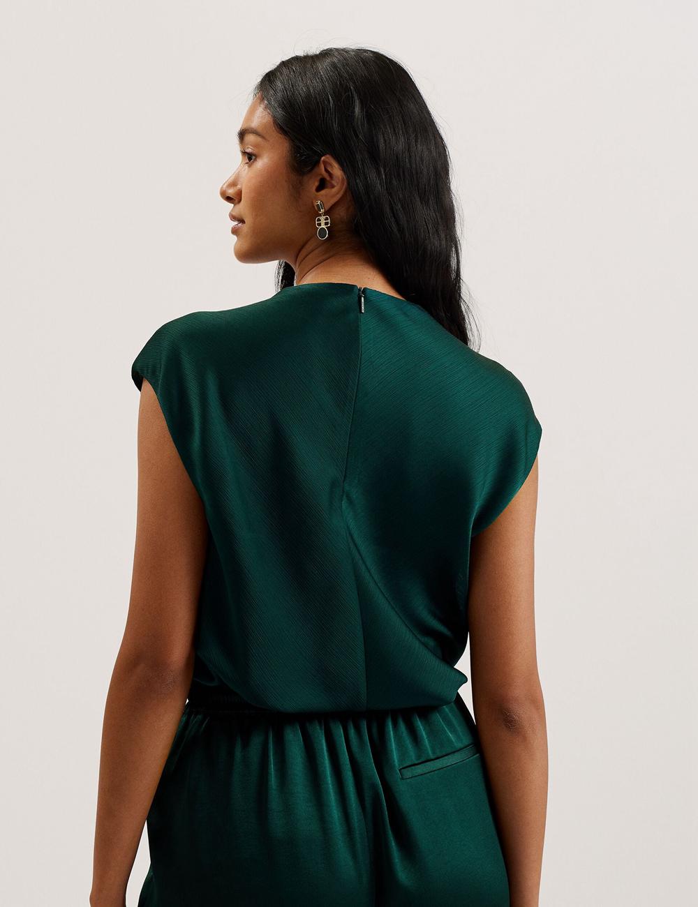 Dk-Green Ted Baker MISRINA - Drape Neck Detail Satin Top Women Jumpers | Ireland  1502-TOAIR