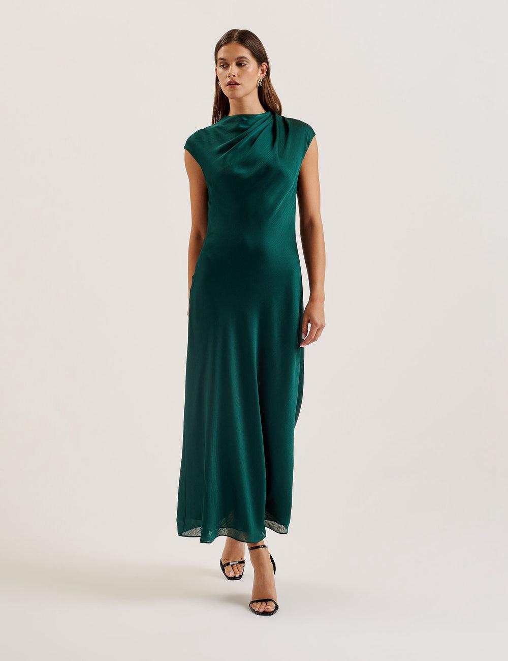Dk-Green Ted Baker RIMINI - Chiffon Drape Neck Detail Women Maxi Dresses | Ireland  0819-PKTJD