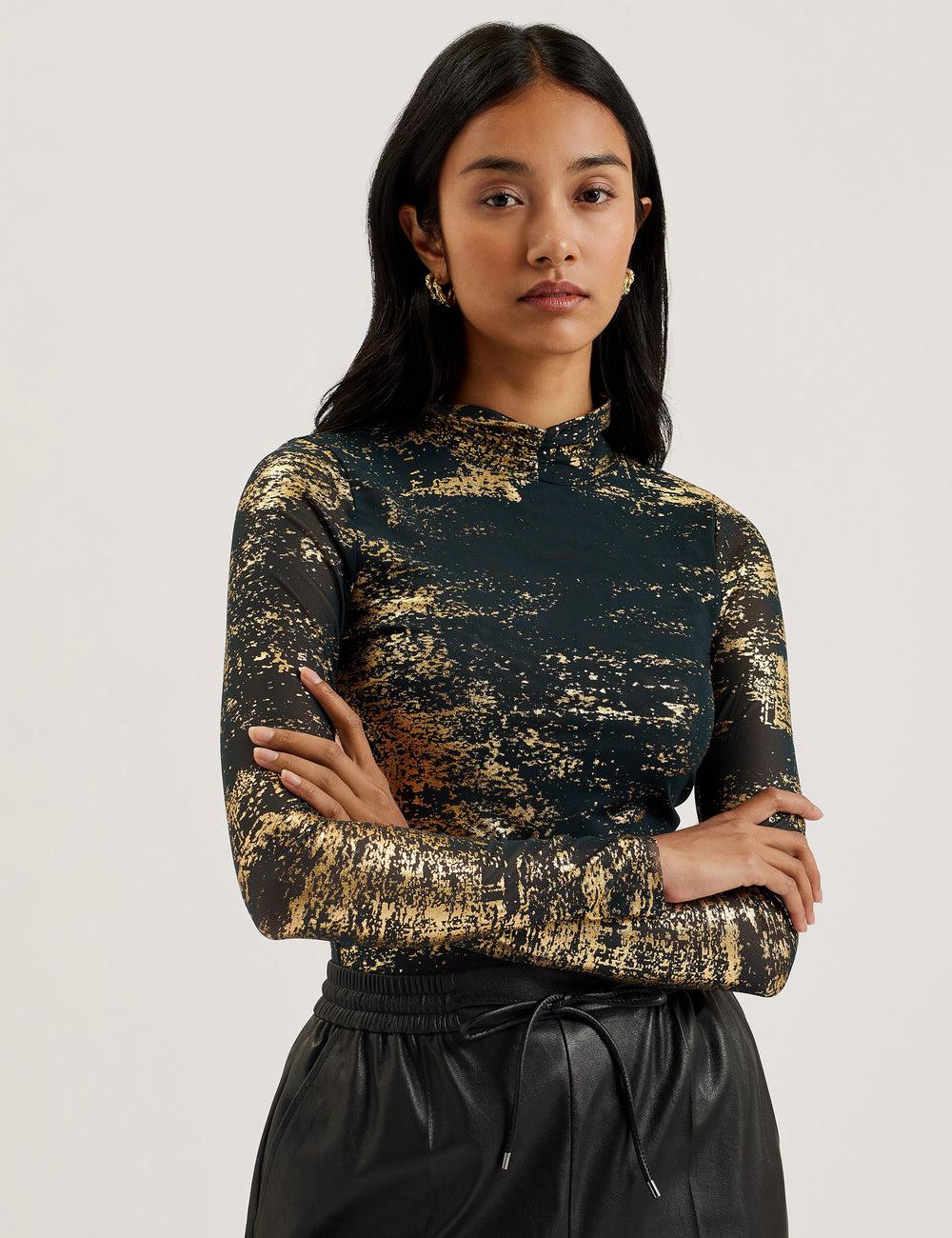 Dk-Green Ted Baker SOFIY - Foil Print High Neck Mesh Top Women Jumpers | Ireland  4726-HAWDU