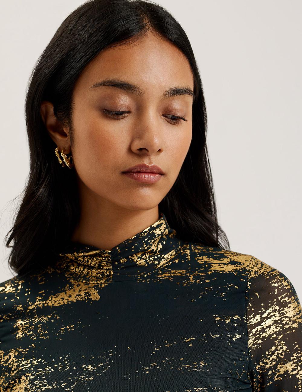 Dk-Green Ted Baker SOFIY - Foil Print High Neck Mesh Top Women Jumpers | Ireland  4726-HAWDU