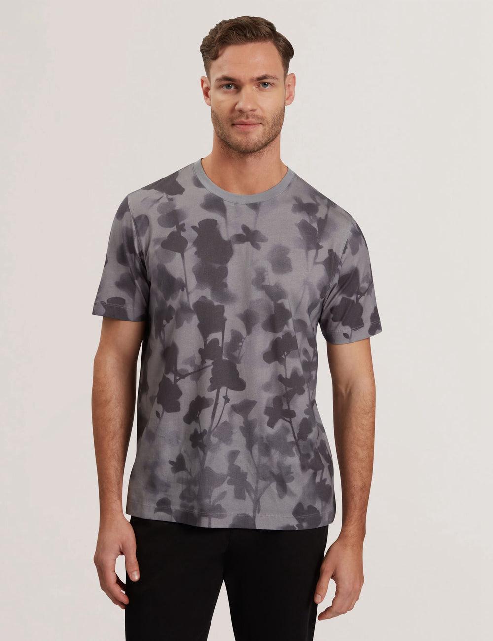 Dk-Grey Ted Baker DENNISS - Monochrome Floral Print Cotton Men T-Shirts | Ireland  8903-DRAGM