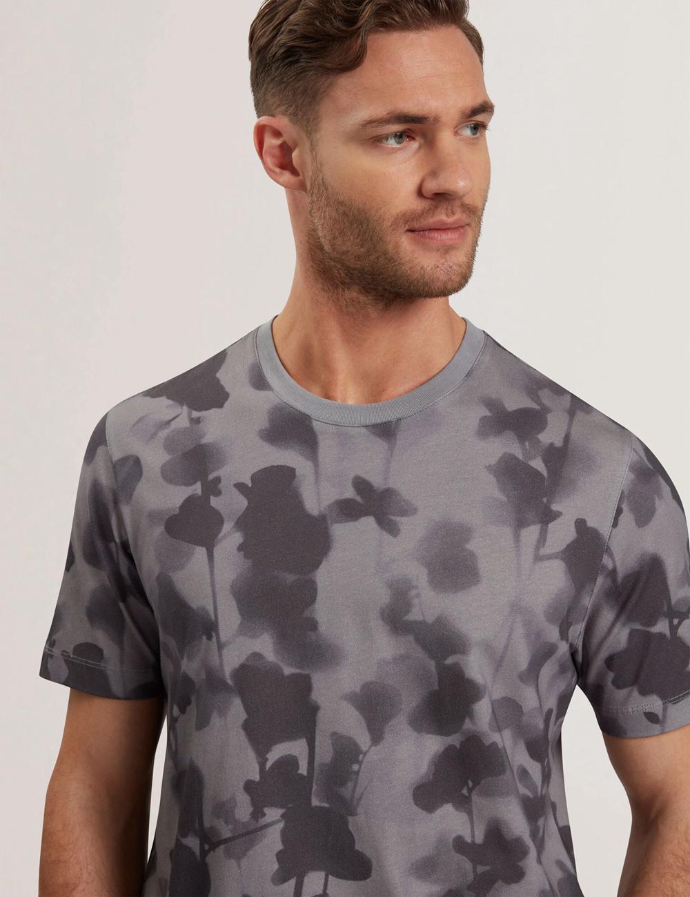 Dk-Grey Ted Baker DENNISS - Monochrome Floral Print Cotton Men T-Shirts | Ireland  8903-DRAGM