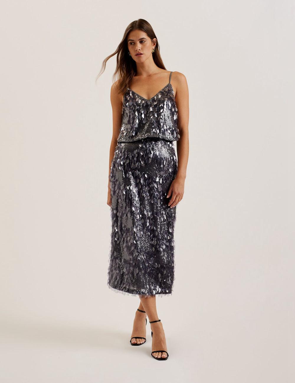 Dk-Grey Ted Baker DORIDA - Mixed Sequin With Slit Women Midi Skirts | Ireland  3640-ADOBS