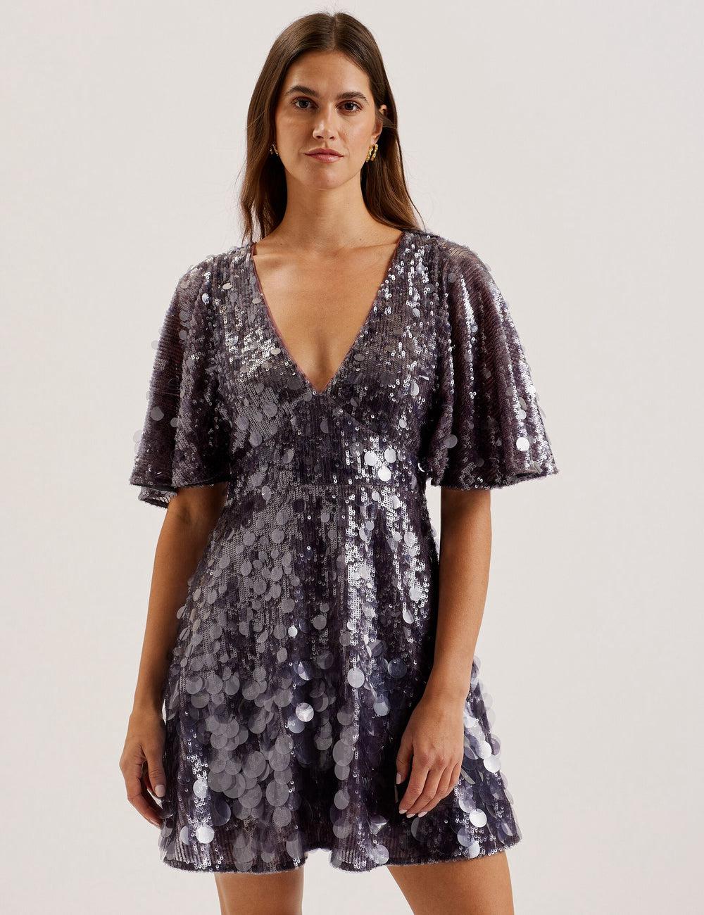 Dk-Grey Ted Baker ELISONA - Sequin V-Neck Cape Sleeve Women Mini Dresses | Ireland  9781-MTQCU