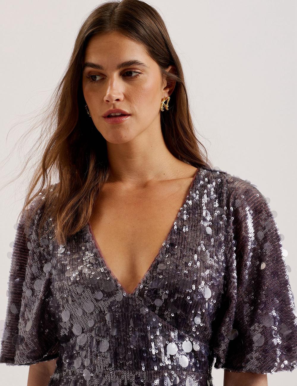 Dk-Grey Ted Baker ELISONA - Sequin V-Neck Cape Sleeve Women Mini Dresses | Ireland  9781-MTQCU