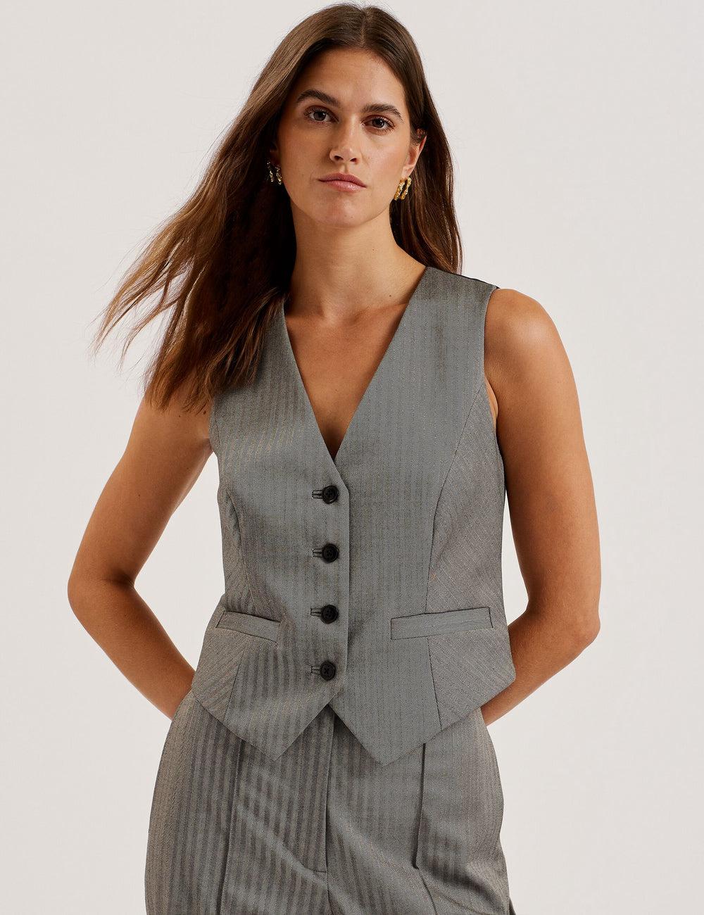 Dk-Grey Ted Baker KOAW - Herringbone Single Breasted Women Suit Waistcoat | Ireland  3164-CPFUM