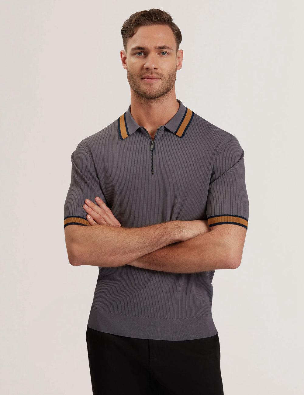 Dk-Grey Ted Baker RAFAELO - Striped Trim Zip Neck Ribbed Men Polos Shirts | Ireland  4621-UGBLO