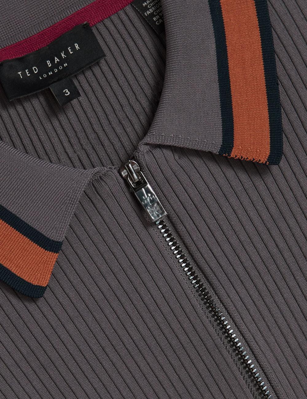Dk-Grey Ted Baker RAFAELO - Striped Trim Zip Neck Ribbed Men Polos Shirts | Ireland  4621-UGBLO