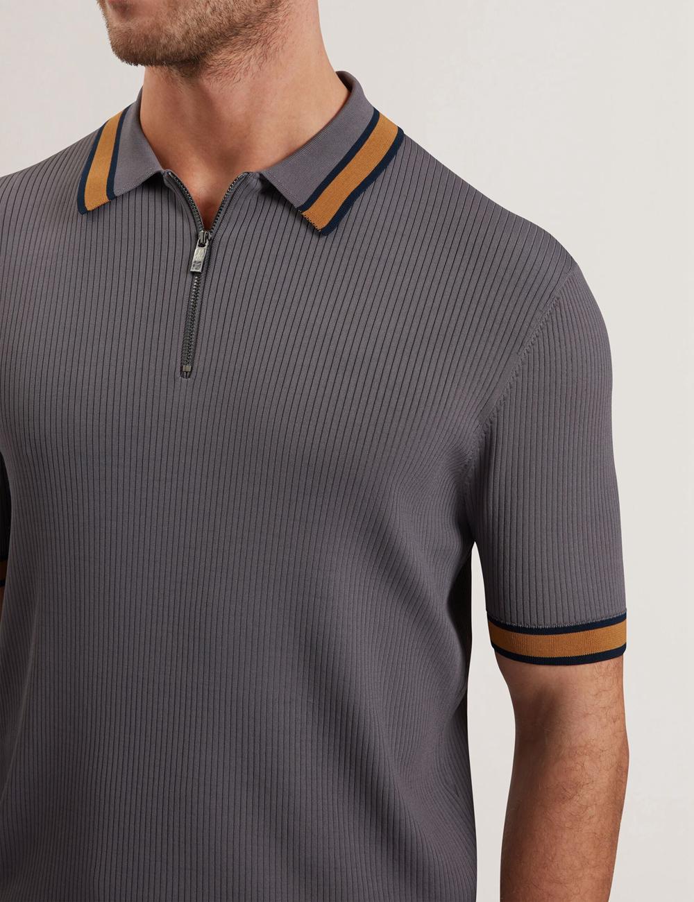 Dk-Grey Ted Baker RAFAELO - Striped Trim Zip Neck Ribbed Men Polos Shirts | Ireland  4621-UGBLO