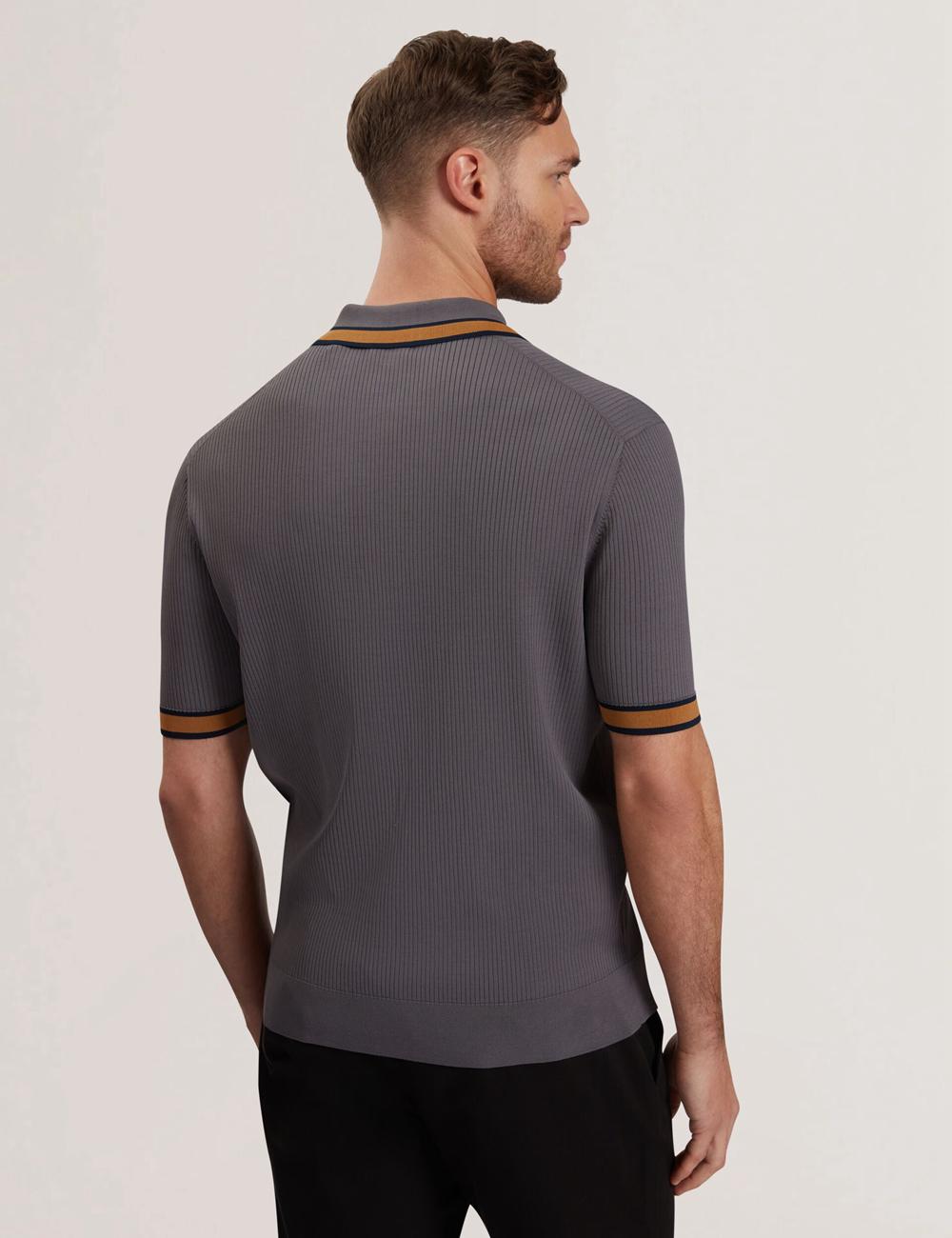 Dk-Grey Ted Baker RAFAELO - Striped Trim Zip Neck Ribbed Men Polos Shirts | Ireland  4621-UGBLO