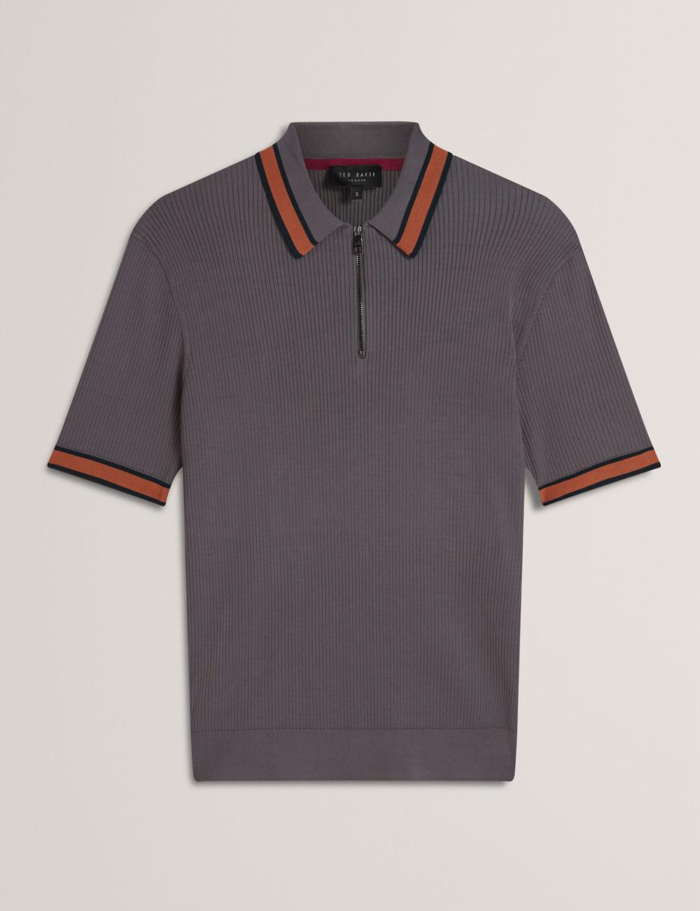 Dk-Grey Ted Baker RAFAELO - Striped Trim Zip Neck Ribbed Men Polos Shirts | Ireland  4621-UGBLO