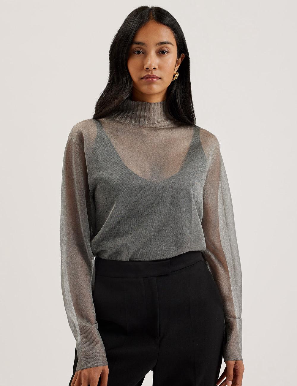 Dk-Grey Ted Baker TAYLAW - Shimmer Sheer Knit Funnel Neck Top Women Jumpers | Ireland  5146-BQZTK