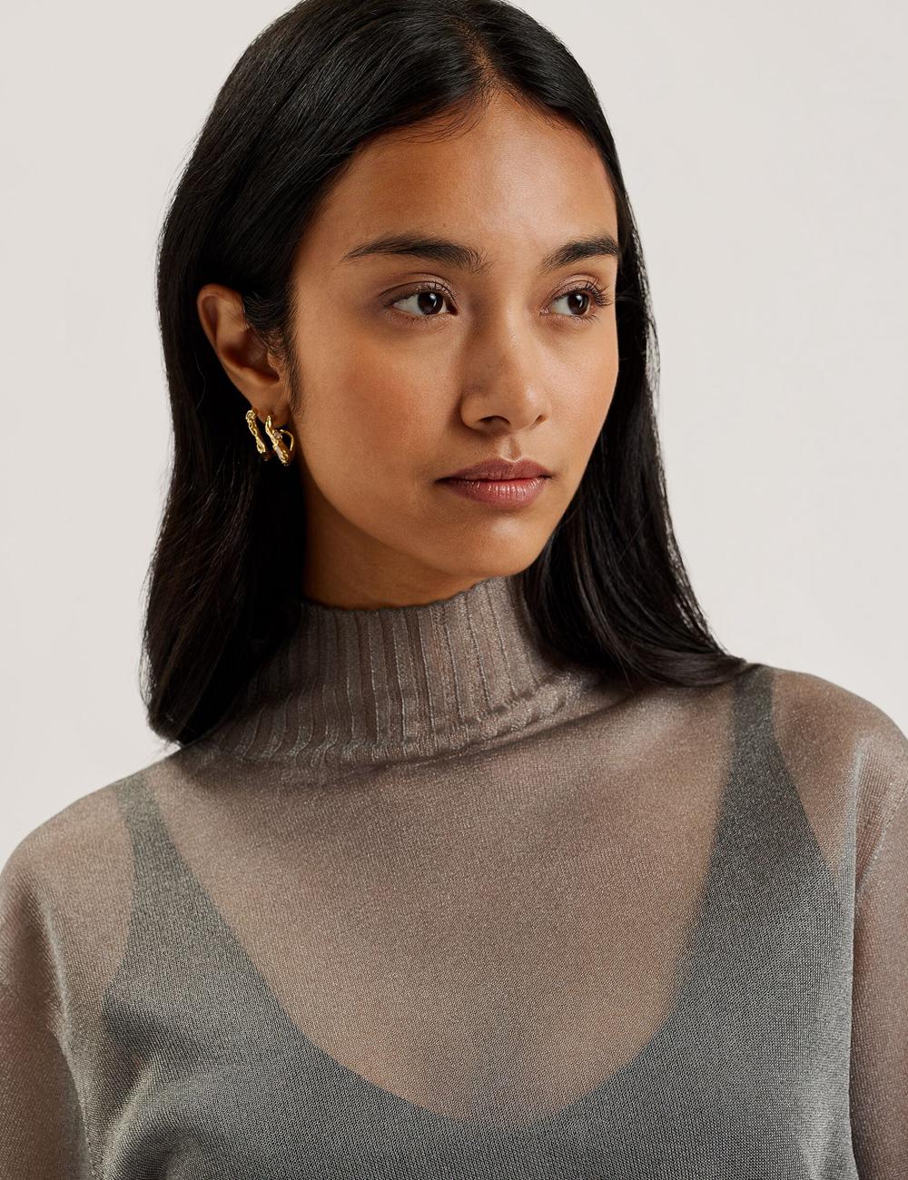 Dk-Grey Ted Baker TAYLAW - Shimmer Sheer Knit Funnel Neck Top Women Jumpers | Ireland  5146-BQZTK