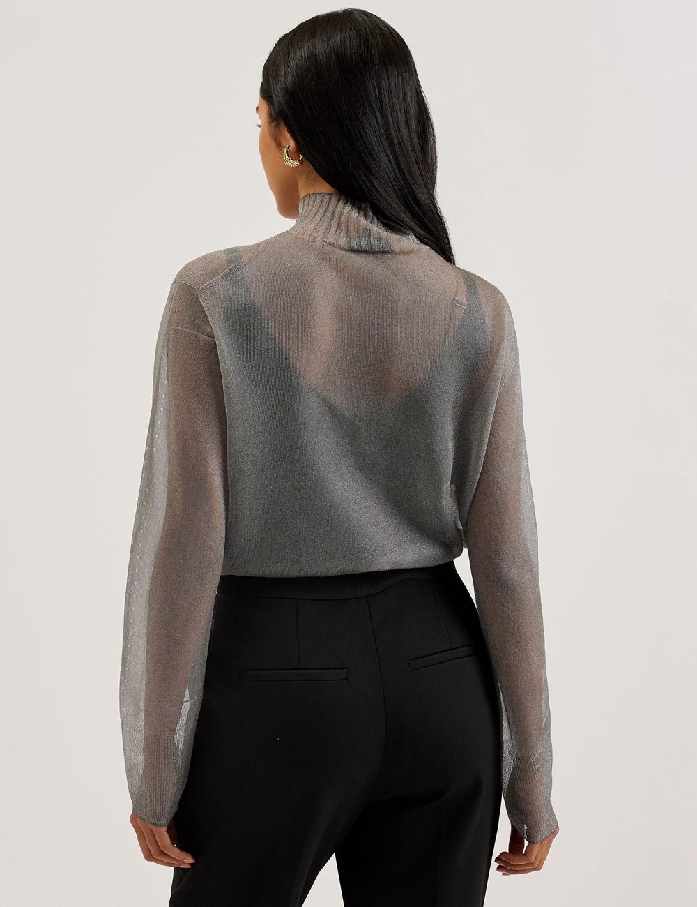 Dk-Grey Ted Baker TAYLAW - Shimmer Sheer Knit Funnel Neck Top Women Jumpers | Ireland  5146-BQZTK
