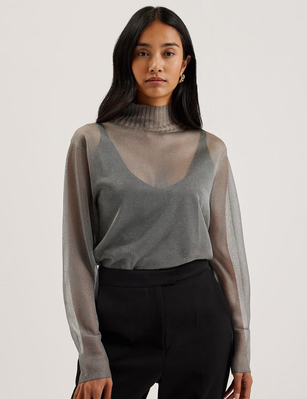 Dk-Grey Ted Baker TAYLAW - Shimmer Sheer Knit Funnel Neck Top Women Jumpers | Ireland  5146-BQZTK