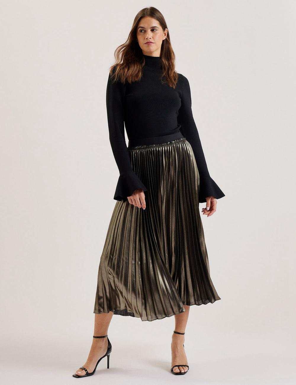 Gold Ted Baker KESE - Metallic Pleated A-Line Women Midi Skirts | Ireland  1603-RFBDK