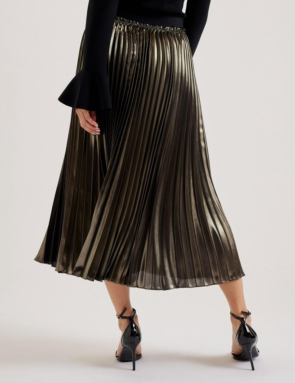 Gold Ted Baker KESE - Metallic Pleated A-Line Women Midi Skirts | Ireland  1603-RFBDK