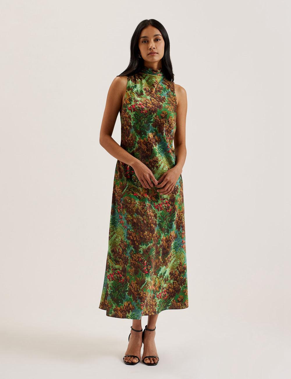 Green Ted Baker EYVA - Satin Printed High Neck Midi Slip Women Midi Dresses | Ireland  3968-GFAPI