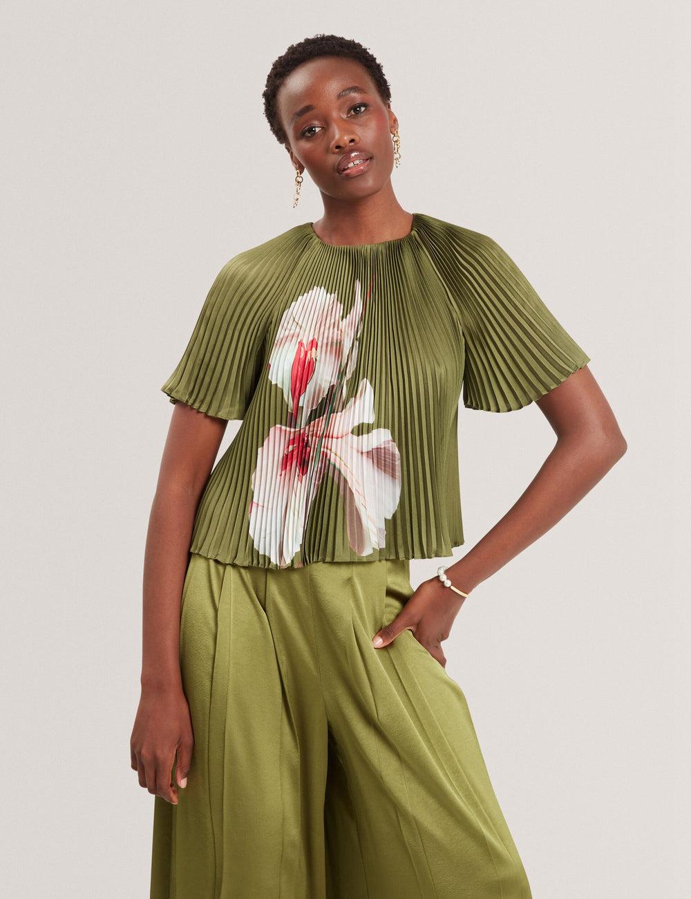 Green Ted Baker LIONAA - Floral Graphic Pleated Satin Short Sleeve Women Blouses | Ireland  7312-AXYET