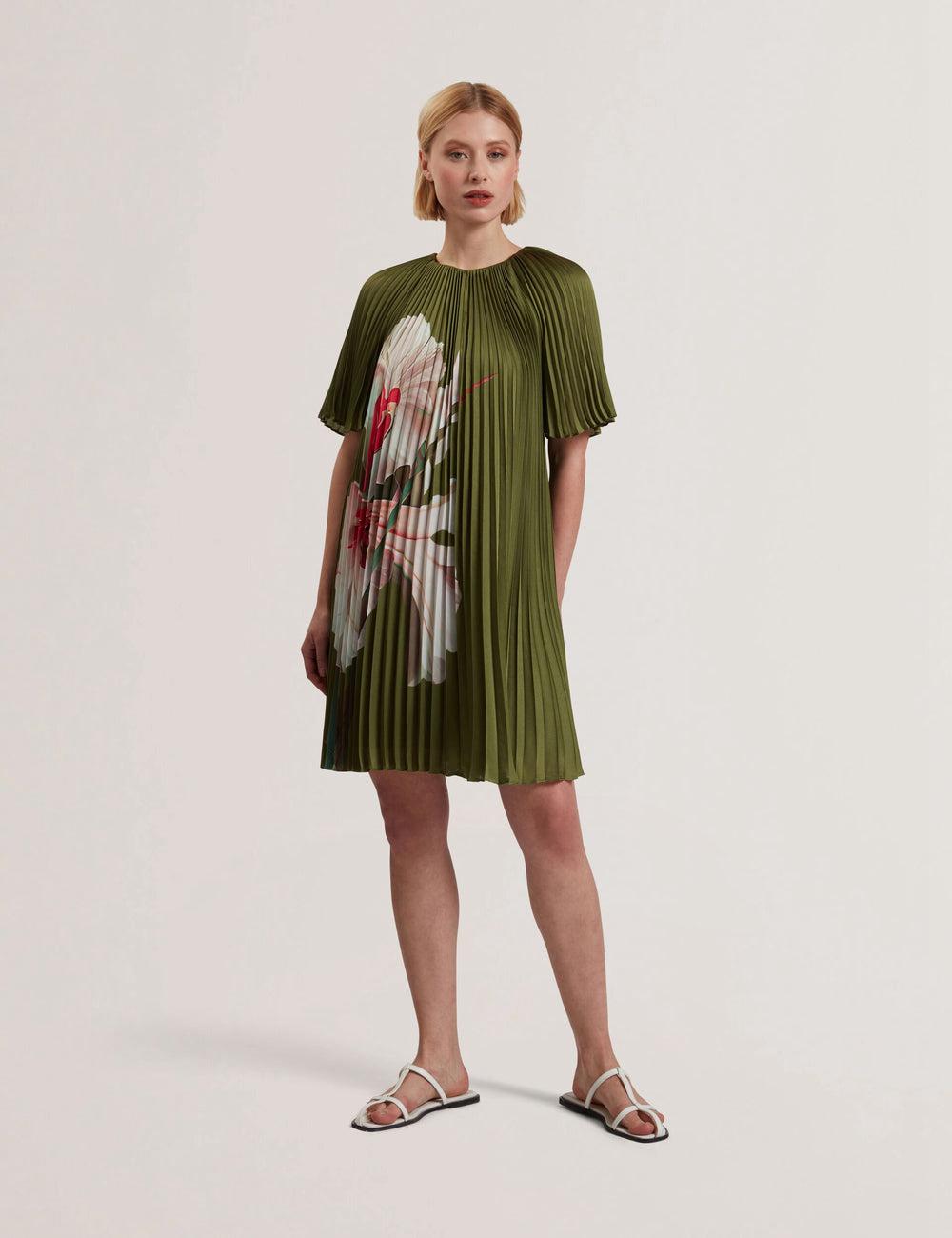 Green Ted Baker VINLAA - Floral Graphic Pleated Satin Women Mini Dresses | Ireland  9312-QFHZL