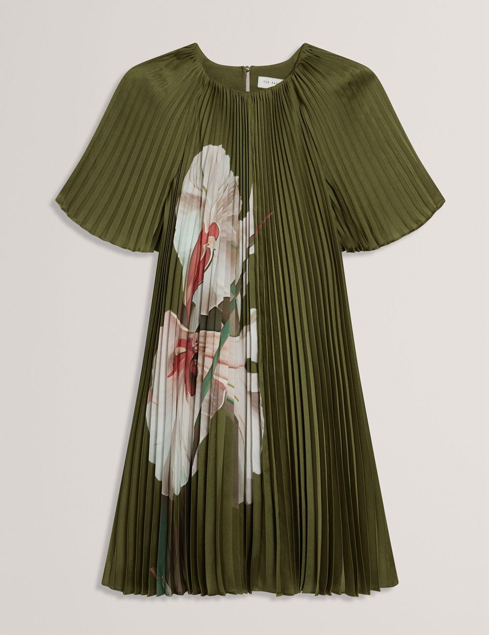 Green Ted Baker VINLAA - Floral Graphic Pleated Satin Women Mini Dresses | Ireland  9312-QFHZL