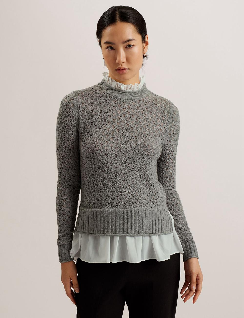 Grey Ted Baker HOLINAS - Pointelle Knit With Shirt Hem Women Jumpers | Ireland  5872-ZGFTW