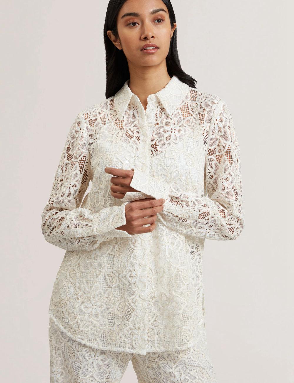 Ivory Ted Baker BLOND - Floral Lace Longline Cotton Shirt Women Tops | Ireland  3542-EZSVC