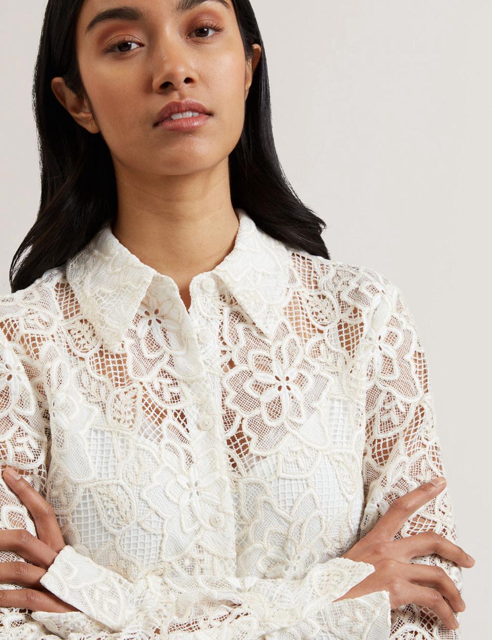 Ivory Ted Baker BLOND - Floral Lace Longline Cotton Shirt Women Tops | Ireland  3542-EZSVC