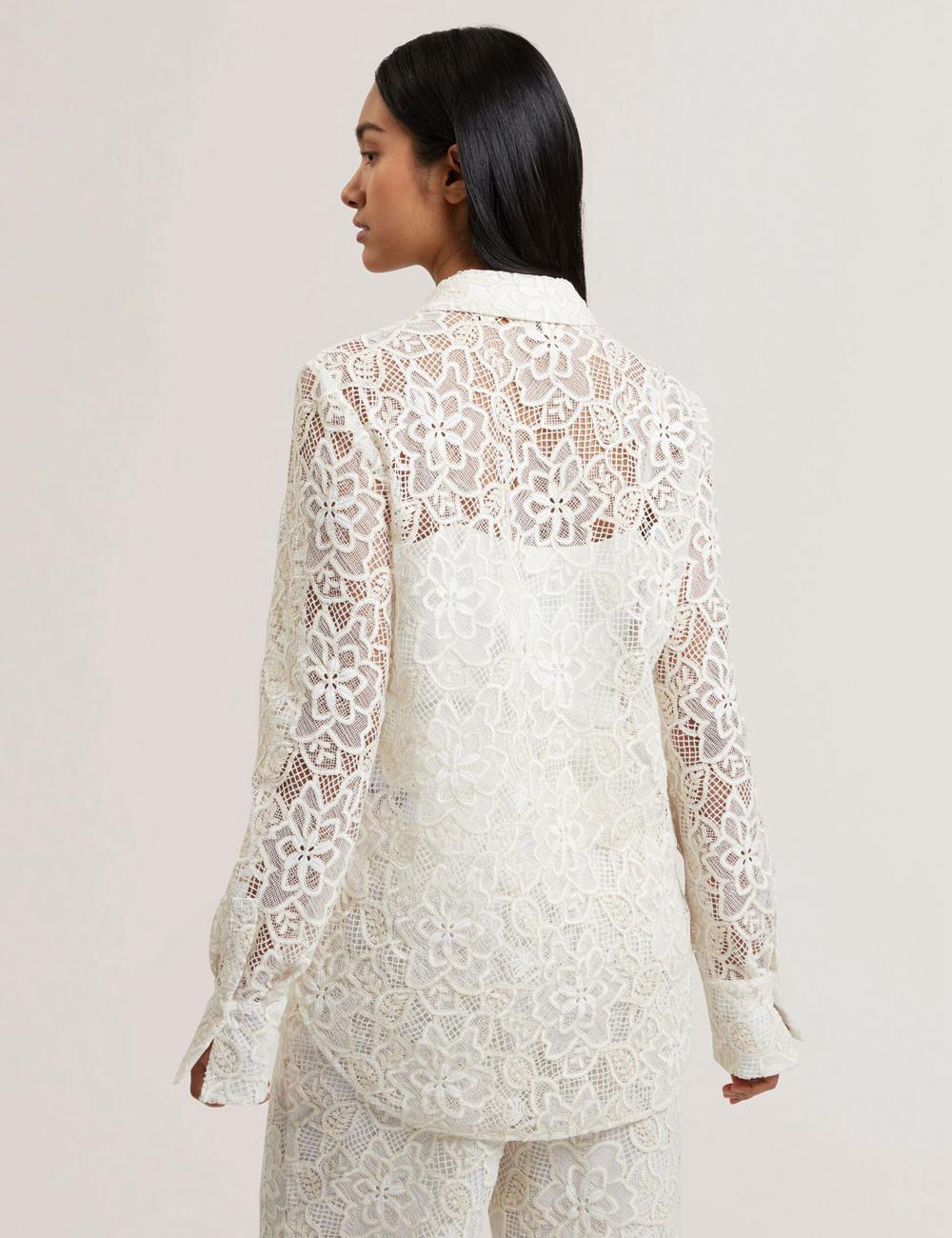 Ivory Ted Baker BLOND - Floral Lace Longline Cotton Shirt Women Tops | Ireland  3542-EZSVC