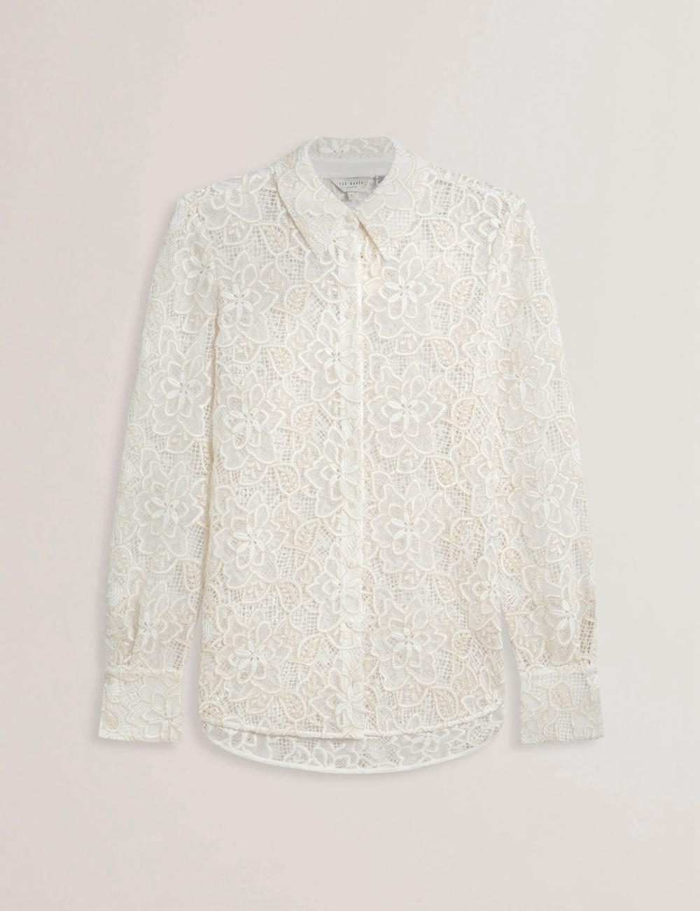 Ivory Ted Baker BLOND - Floral Lace Longline Cotton Shirt Women Tops | Ireland  3542-EZSVC