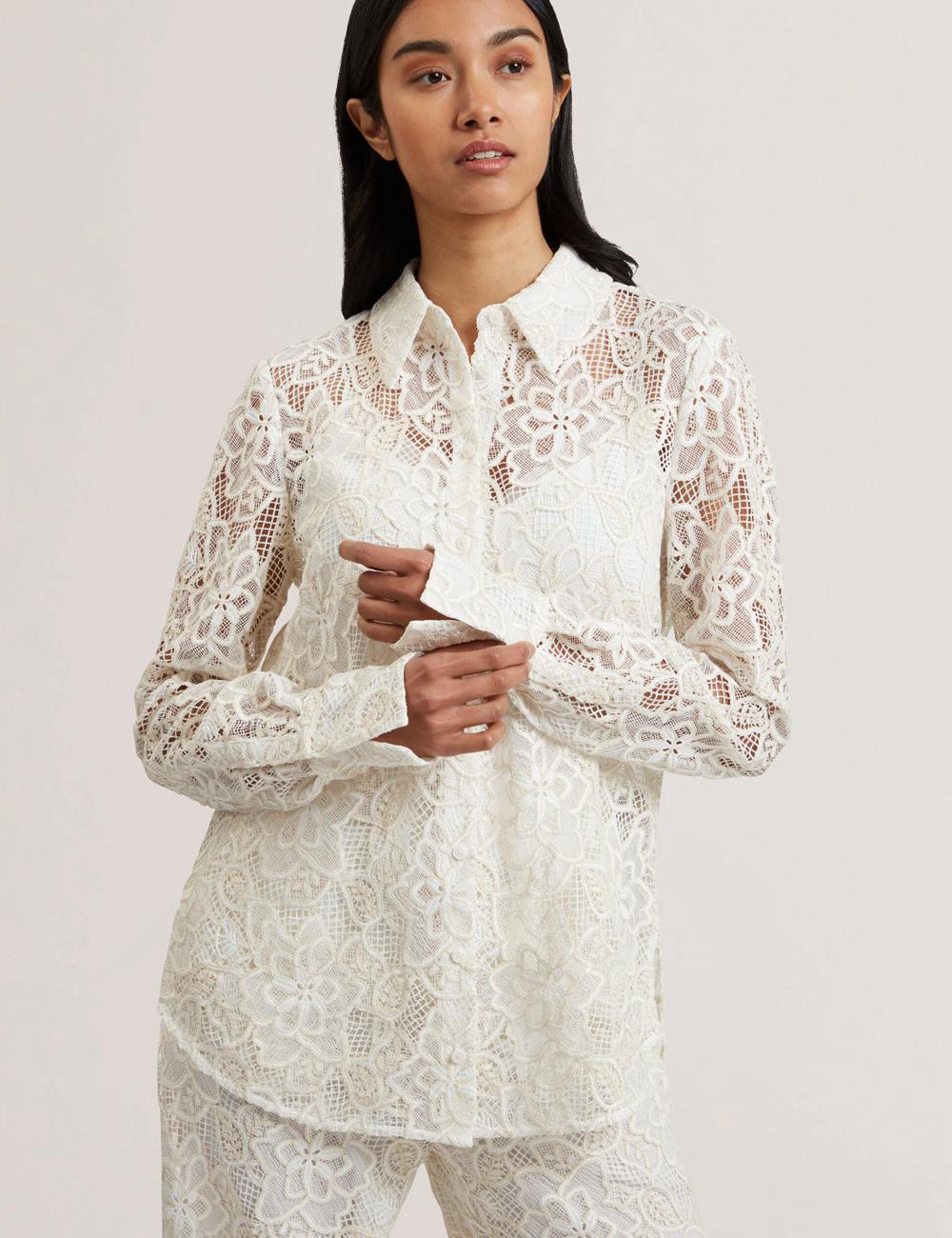 Ivory Ted Baker BLOND - Floral Lace Longline Cotton Shirt Women Tops | Ireland  3542-EZSVC