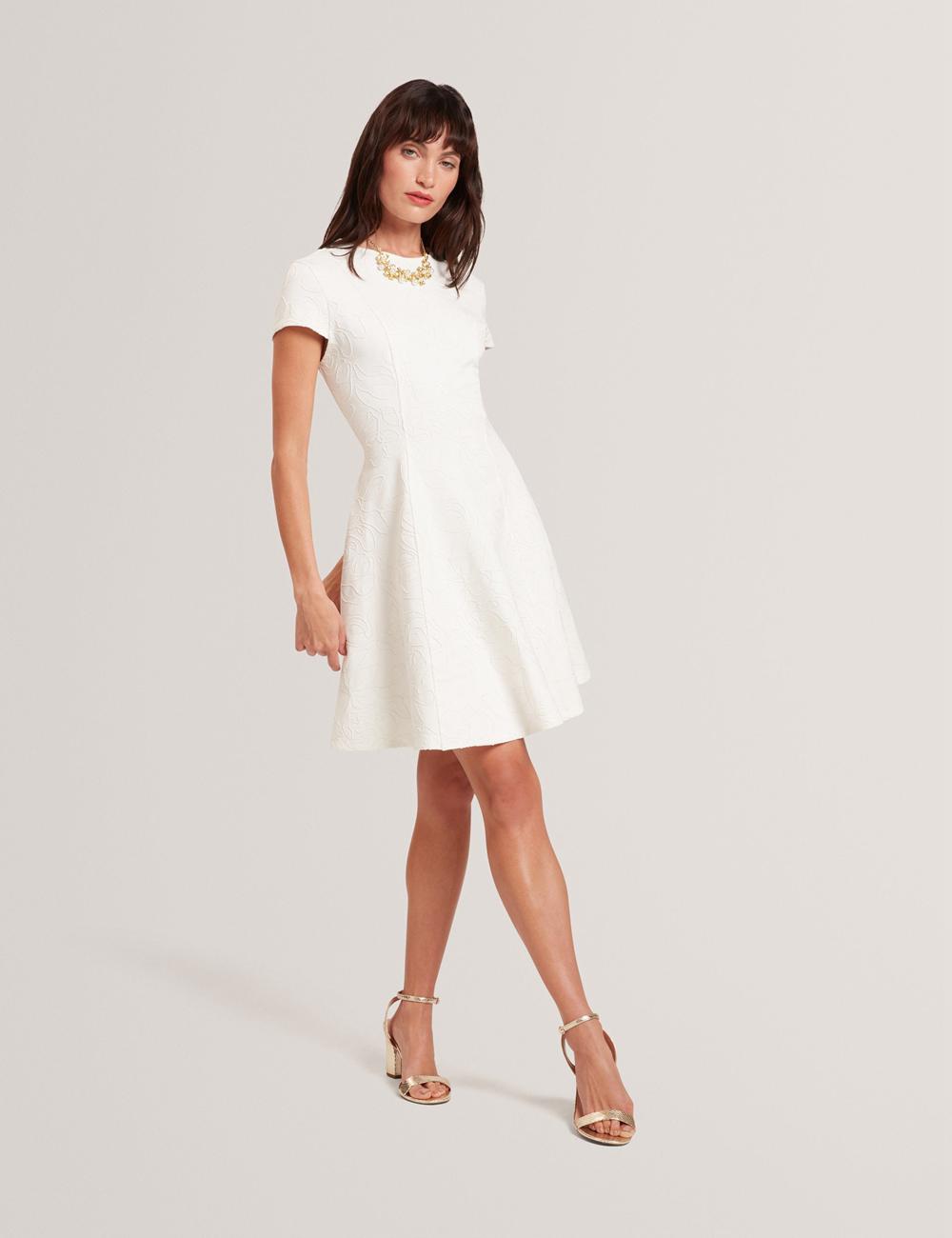 Ivory Ted Baker CLODAA - Embroidered Short Sleeve Skater Women Mini Dresses | Ireland  4352-OQUJA