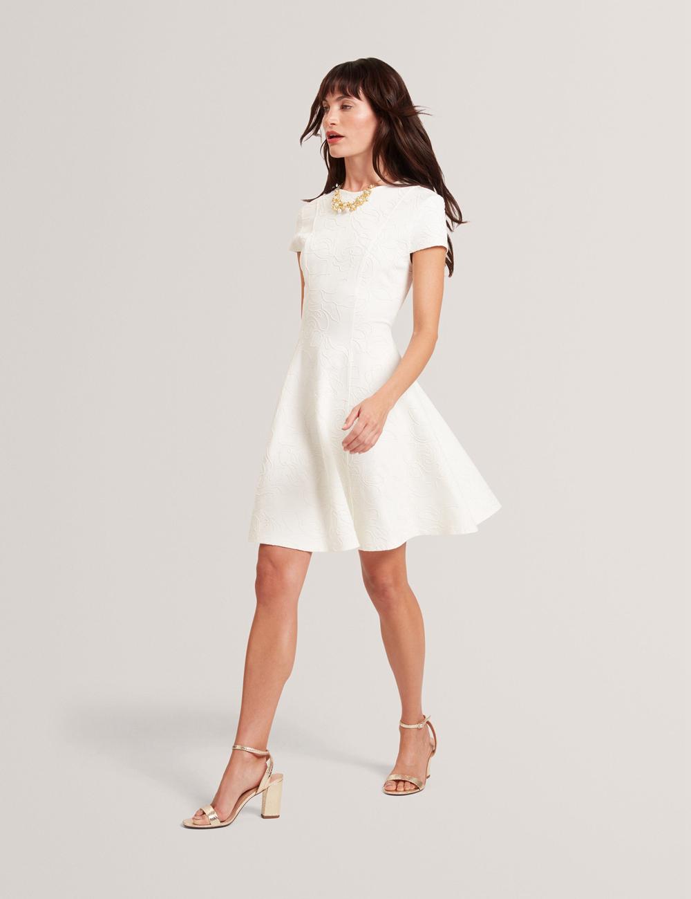 Ivory Ted Baker CLODAA - Embroidered Short Sleeve Skater Women Mini Dresses | Ireland  4352-OQUJA